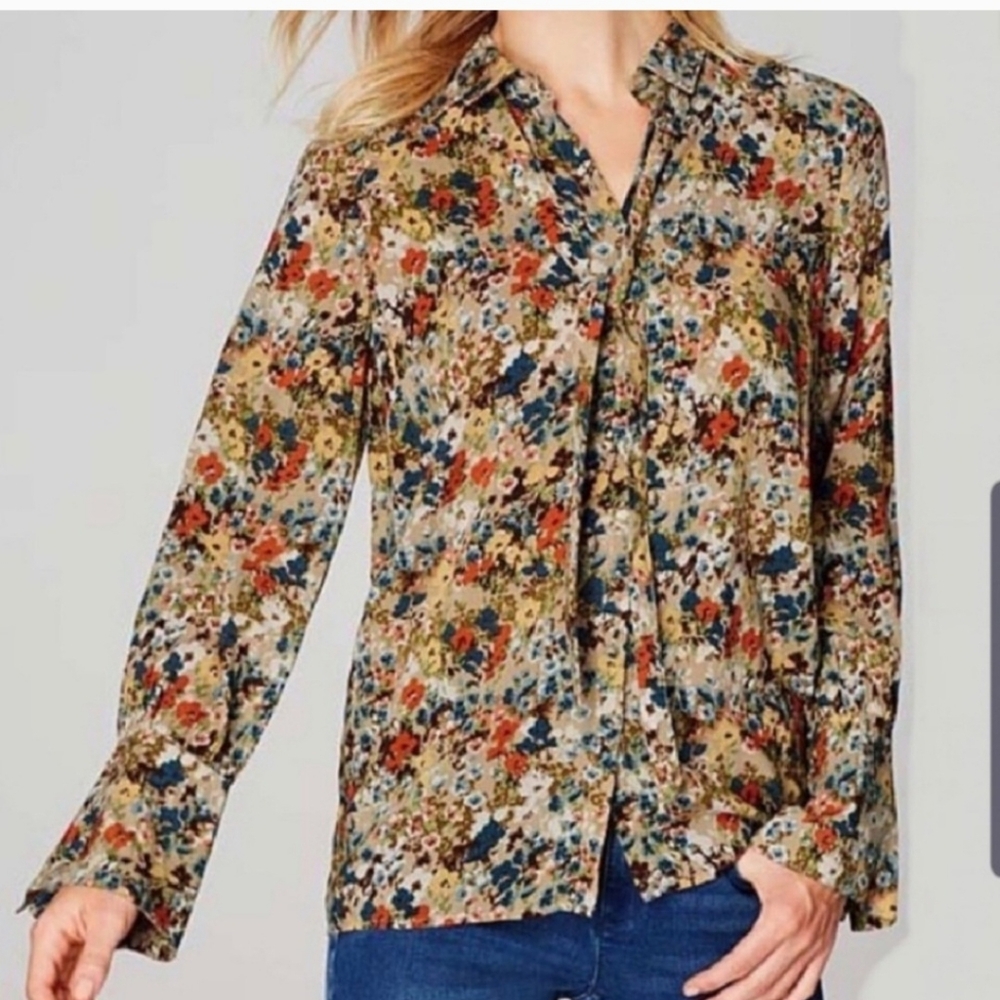 J.Jill Wheat Painterly Floral Self Covered Button Retro Blouse 3X